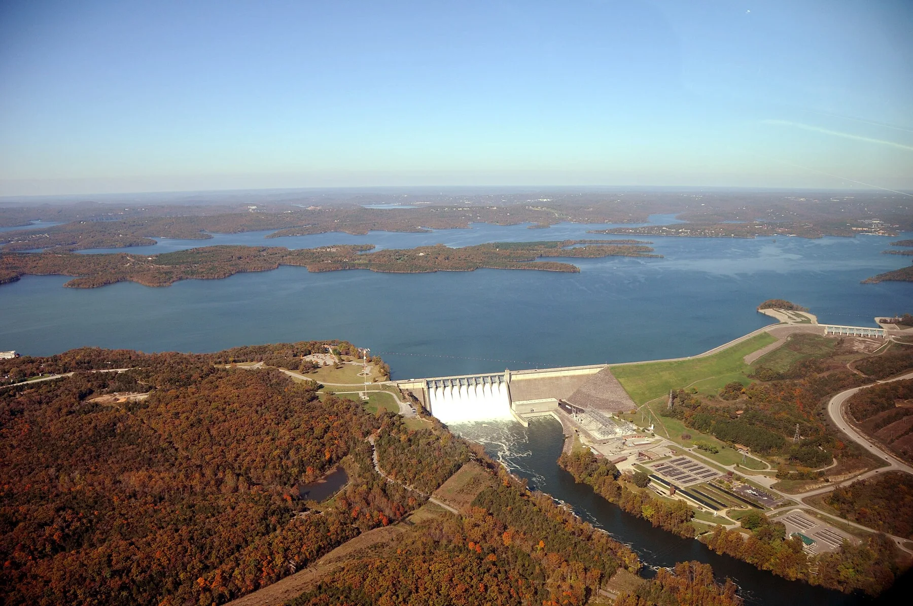 Table Rock Lake and the dam from the air, autumn color on the Ozark hills