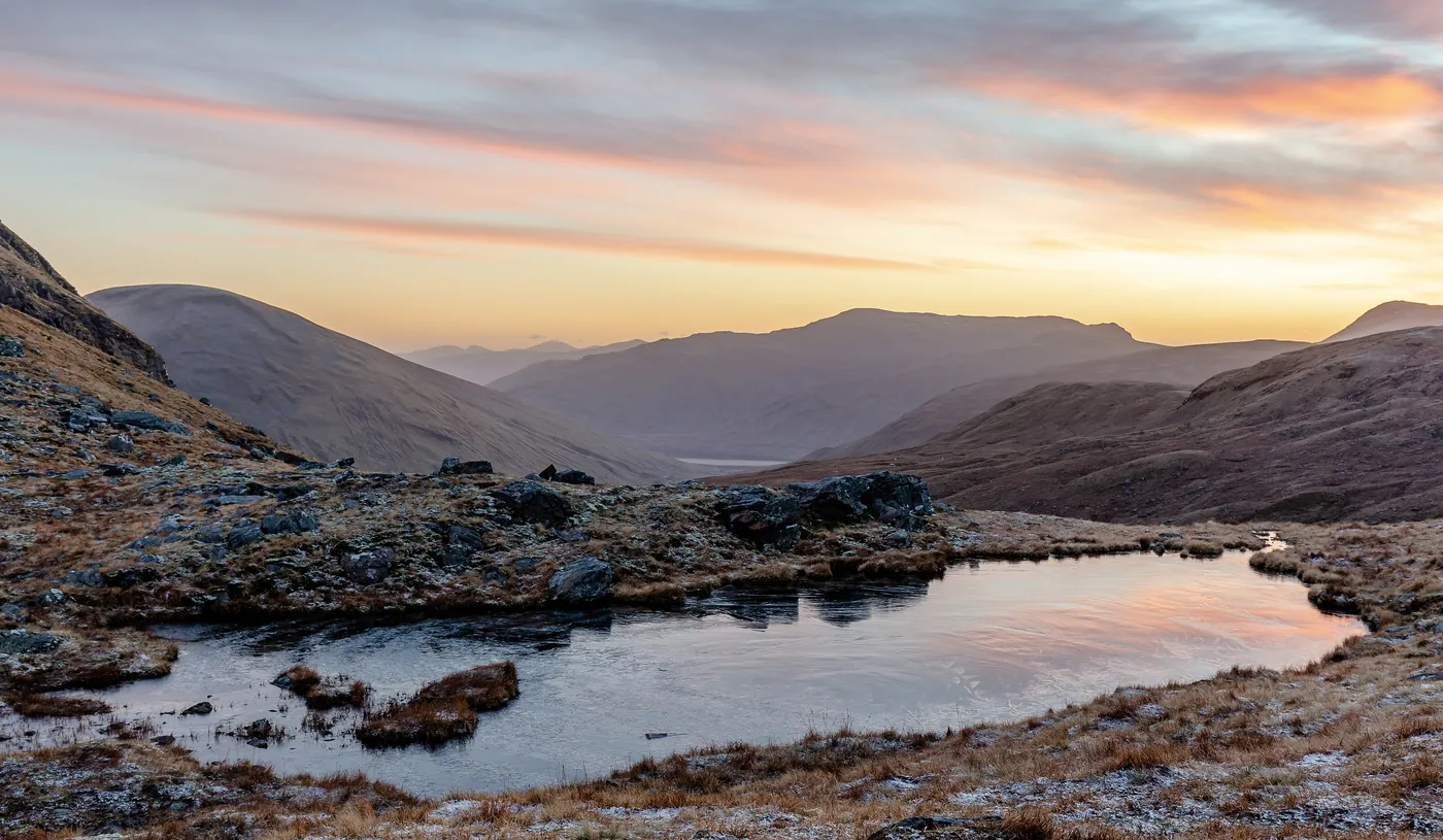 A Highland loch at sunset in Scotland